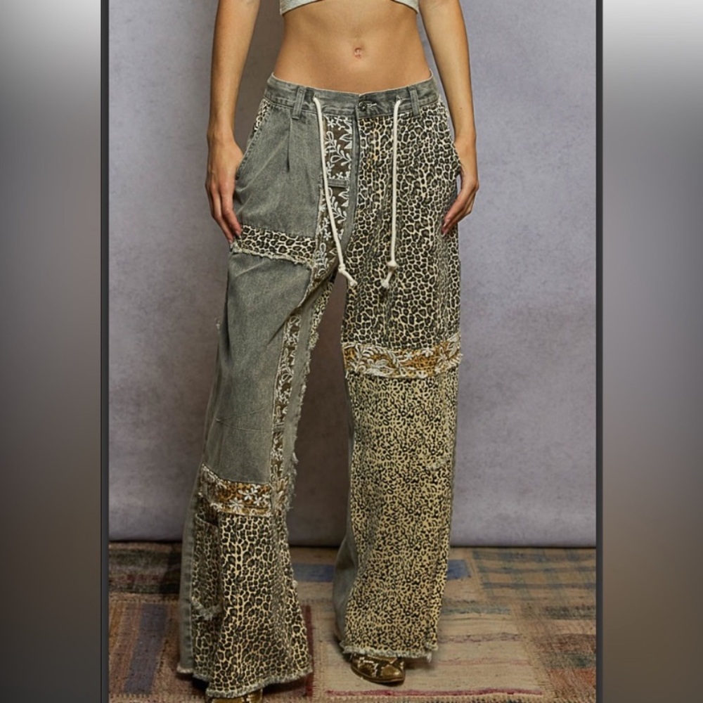 POL Leopard Patchwork Pants - Gray, Brown and Bla… - image 1